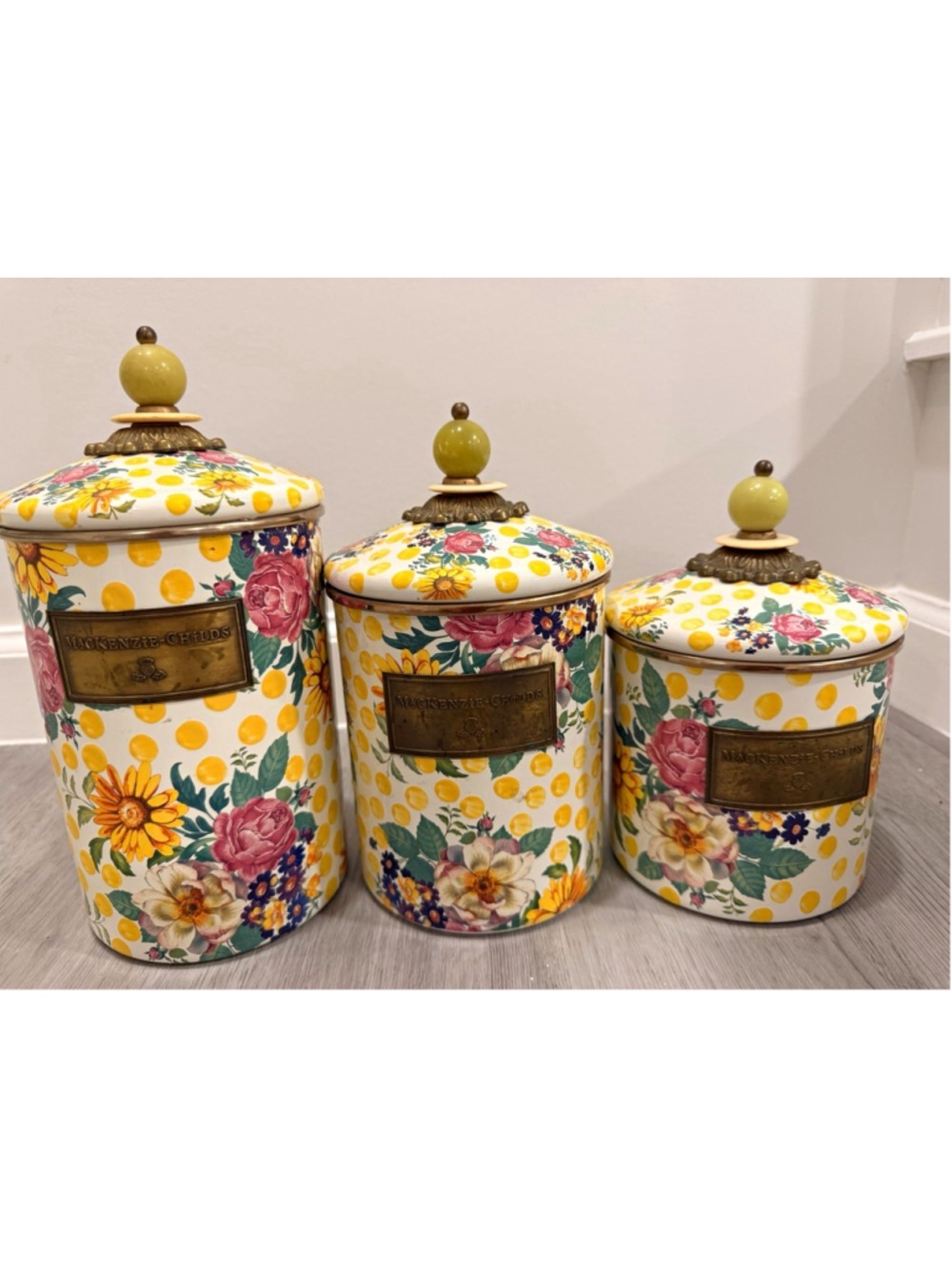 MacKenzie-Childs Buttercup 3 Canister Set Rare Floral Enamel Small Medium Large